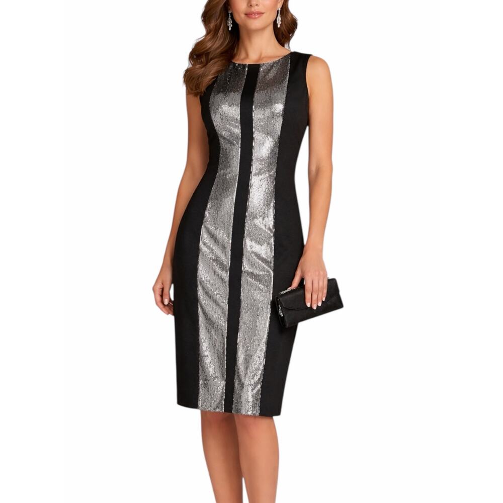 Teri Jon Sequin Stripe Mini Cocktail Dress Sleeveless Gray Size 2
